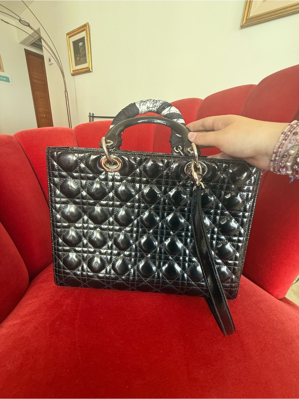 Dior Black Quilted Patent Leather Lady Dior Tote with Silver Hardware - Picture 7 of 16